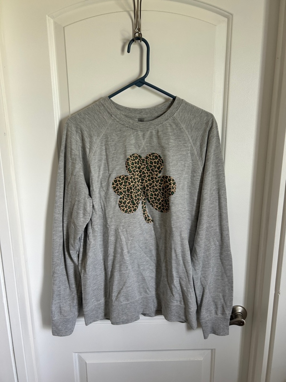 Next Level Apparel Heather Gray Long Sleeve Tee with Leopard Shamrock